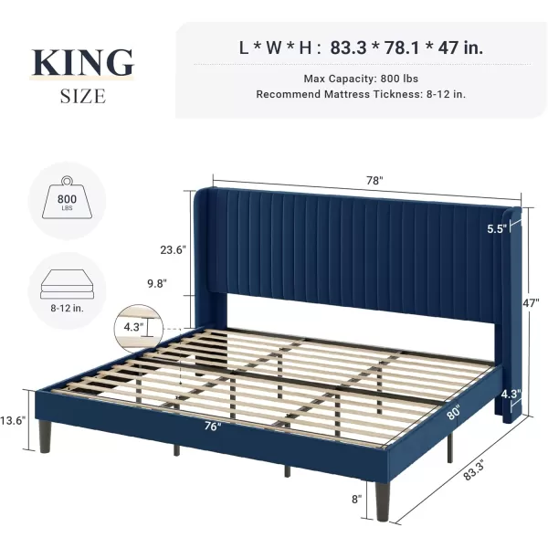 Allewie Queen Size Velvet Bed FrameVertical Channel Tufted Wingback HeadboardUpholstered Platform BedStrong Wooden SlatsNo Box Spring NeededEasy AssemblyGreyBlue