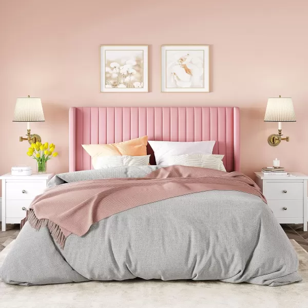 Allewie Queen Size Velvet Bed FrameVertical Channel Tufted Wingback HeadboardUpholstered Platform BedStrong Wooden SlatsNo Box Spring NeededEasy AssemblyGreyPink