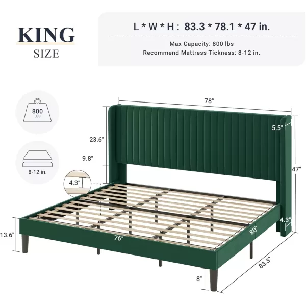 Allewie Queen Size Velvet Bed FrameVertical Channel Tufted Wingback HeadboardUpholstered Platform BedStrong Wooden SlatsNo Box Spring NeededEasy AssemblyGreyGreen