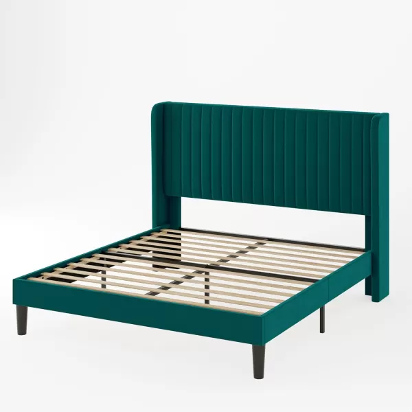 Allewie Queen Size Velvet Bed FrameVertical Channel Tufted Wingback HeadboardUpholstered Platform BedStrong Wooden SlatsNo Box Spring NeededEasy AssemblyGreyTeal