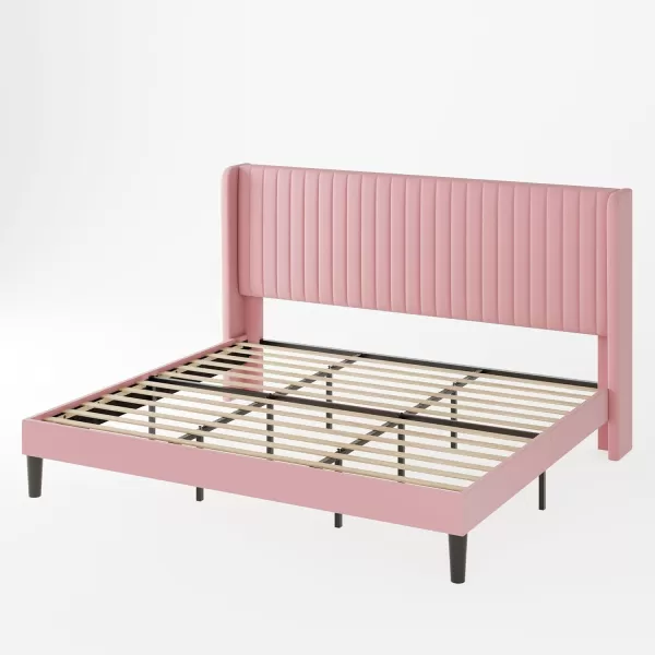 Allewie Queen Size Velvet Bed FrameVertical Channel Tufted Wingback HeadboardUpholstered Platform BedStrong Wooden SlatsNo Box Spring NeededEasy AssemblyGreyPink