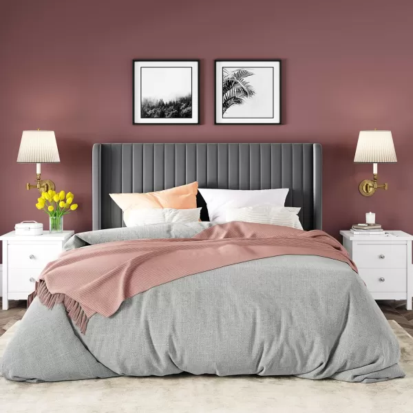 Allewie Queen Size Velvet Bed FrameVertical Channel Tufted Wingback HeadboardUpholstered Platform BedStrong Wooden SlatsNo Box Spring NeededEasy AssemblyGreyGrey