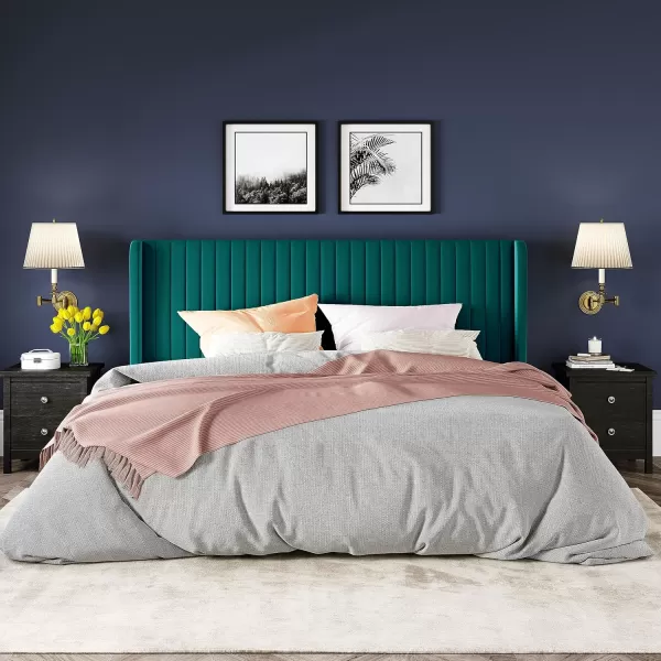 Allewie Queen Size Velvet Bed FrameVertical Channel Tufted Wingback HeadboardUpholstered Platform BedStrong Wooden SlatsNo Box Spring NeededEasy AssemblyGreyTeal