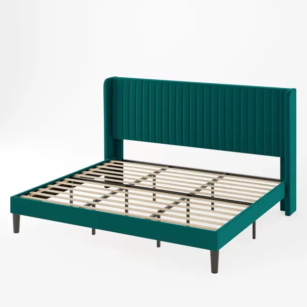 Allewie Queen Size Velvet Bed FrameVertical Channel Tufted Wingback HeadboardUpholstered Platform BedStrong Wooden SlatsNo Box Spring NeededEasy AssemblyGreyTeal