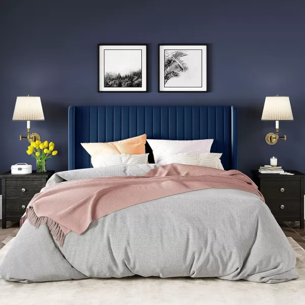 Allewie Queen Size Velvet Bed FrameVertical Channel Tufted Wingback HeadboardUpholstered Platform BedStrong Wooden SlatsNo Box Spring NeededEasy AssemblyGreyBlue