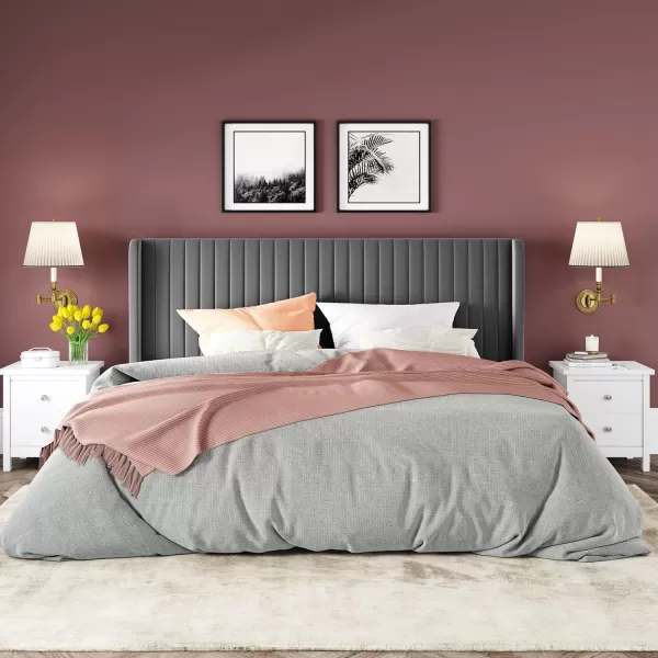 Allewie Queen Size Velvet Bed FrameVertical Channel Tufted Wingback HeadboardUpholstered Platform BedStrong Wooden SlatsNo Box Spring NeededEasy AssemblyGreyGrey