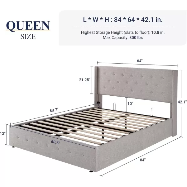 Allewie Queen Size Velvet Lift Up Storage Bed Modern Wingback Headboard Hydraulic Storage No Box Spring Needed BlackBeige