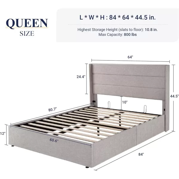 Allewie Queen Size Velvet Lift Up Storage Bed Modern Wingback Headboard Hydraulic Storage No Box Spring Needed BlackBeige