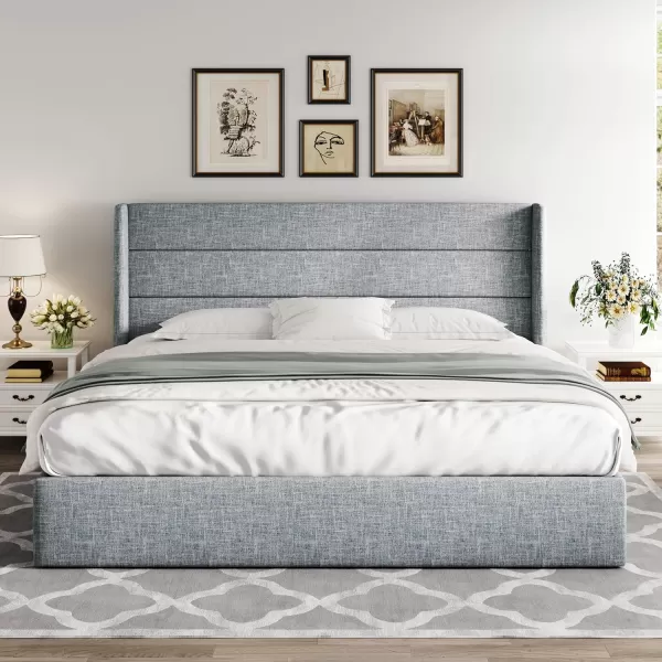 Allewie Queen Size Velvet Lift Up Storage Bed Modern Wingback Headboard Hydraulic Storage No Box Spring Needed BlackBlue Grey