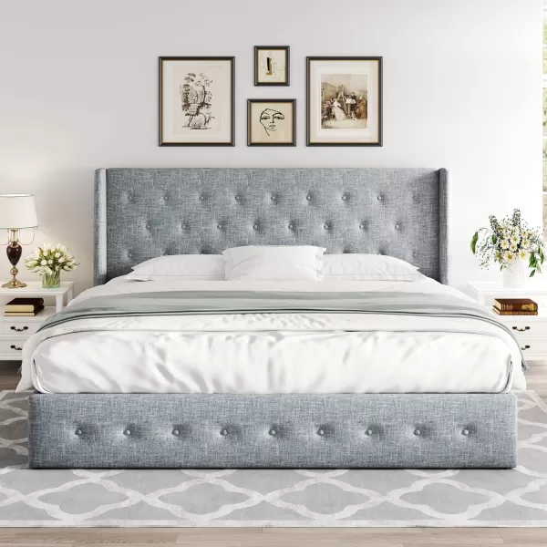 Allewie Queen Size Velvet Lift Up Storage Bed Modern Wingback Headboard Hydraulic Storage No Box Spring Needed BlackBlue Grey