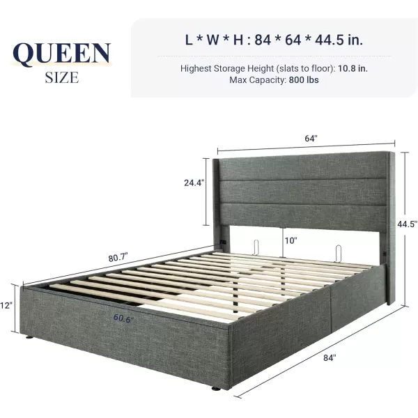 Allewie Queen Size Velvet Lift Up Storage Bed Modern Wingback Headboard Hydraulic Storage No Box Spring Needed BlackDark Grey