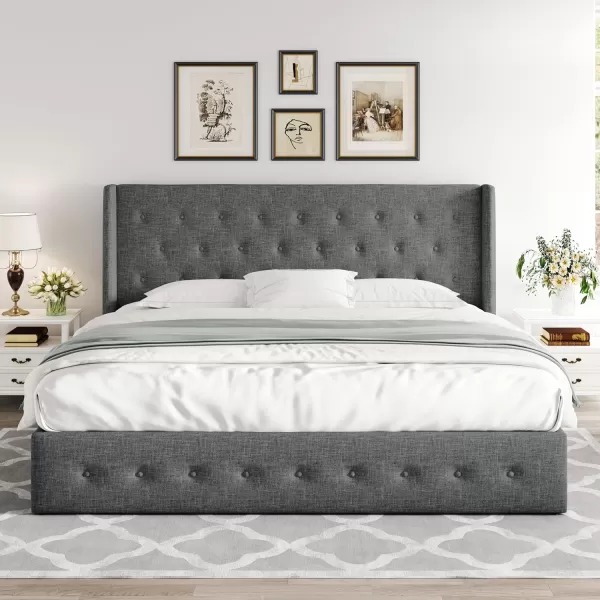 Allewie Queen Size Velvet Lift Up Storage Bed Modern Wingback Headboard Hydraulic Storage No Box Spring Needed BlackDark Grey