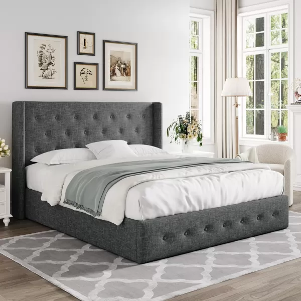 Allewie Queen Size Velvet Lift Up Storage Bed Modern Wingback Headboard Hydraulic Storage No Box Spring Needed BlackDark Grey