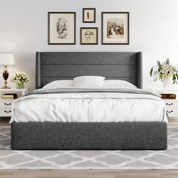 Allewie Queen Size Velvet Lift Up Storage Bed Modern Wingback Headboard Hydraulic Storage No Box Spring Needed BlackDark Grey