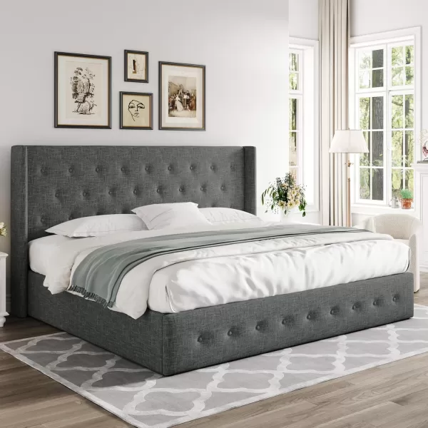 Allewie Queen Size Velvet Lift Up Storage Bed Modern Wingback Headboard Hydraulic Storage No Box Spring Needed BlackDark Grey