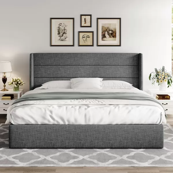 Allewie Queen Size Velvet Lift Up Storage Bed Modern Wingback Headboard Hydraulic Storage No Box Spring Needed BlackDark Grey