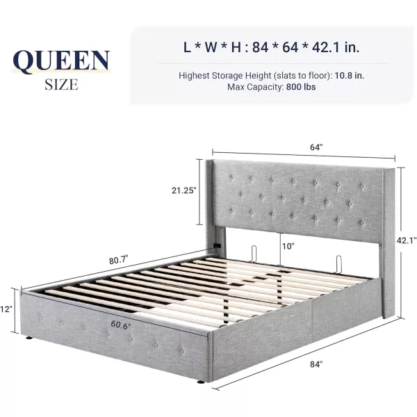 Allewie Queen Size Velvet Lift Up Storage Bed Modern Wingback Headboard Hydraulic Storage No Box Spring Needed BlackLight Grey