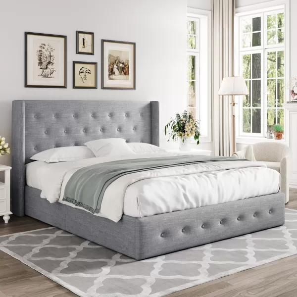 Allewie Queen Size Velvet Lift Up Storage Bed Modern Wingback Headboard Hydraulic Storage No Box Spring Needed BlackLight Grey