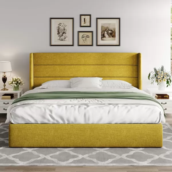 Allewie Queen Size Velvet Lift Up Storage Bed Modern Wingback Headboard Hydraulic Storage No Box Spring Needed BlackOlive Yellow