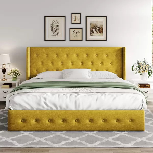 Allewie Queen Size Velvet Lift Up Storage Bed Modern Wingback Headboard Hydraulic Storage No Box Spring Needed BlackOlive Yellow