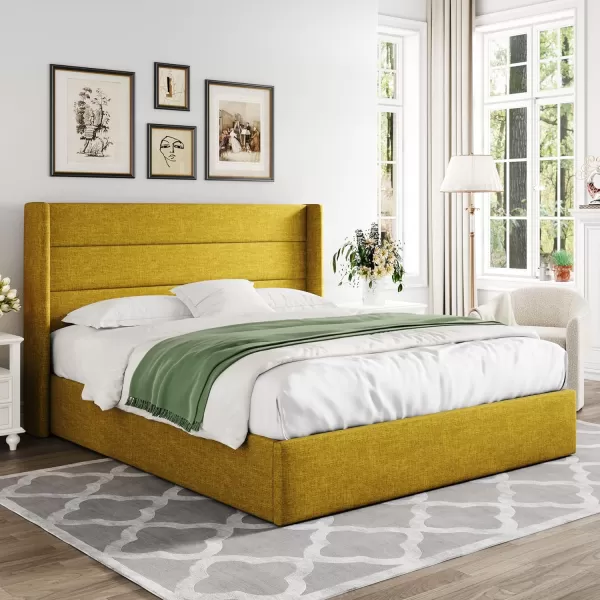 Allewie Queen Size Velvet Lift Up Storage Bed Modern Wingback Headboard Hydraulic Storage No Box Spring Needed BlackOlive Yellow