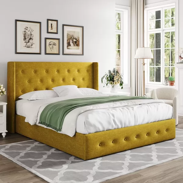 Allewie Queen Size Velvet Lift Up Storage Bed Modern Wingback Headboard Hydraulic Storage No Box Spring Needed BlackOlive Yellow