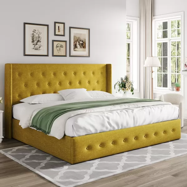 Allewie Queen Size Velvet Lift Up Storage Bed Modern Wingback Headboard Hydraulic Storage No Box Spring Needed BlackOlive Yellow