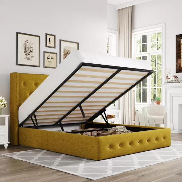 Allewie Queen Size Velvet Lift Up Storage Bed Modern Wingback Headboard Hydraulic Storage No Box Spring Needed BlackOlive Yellow