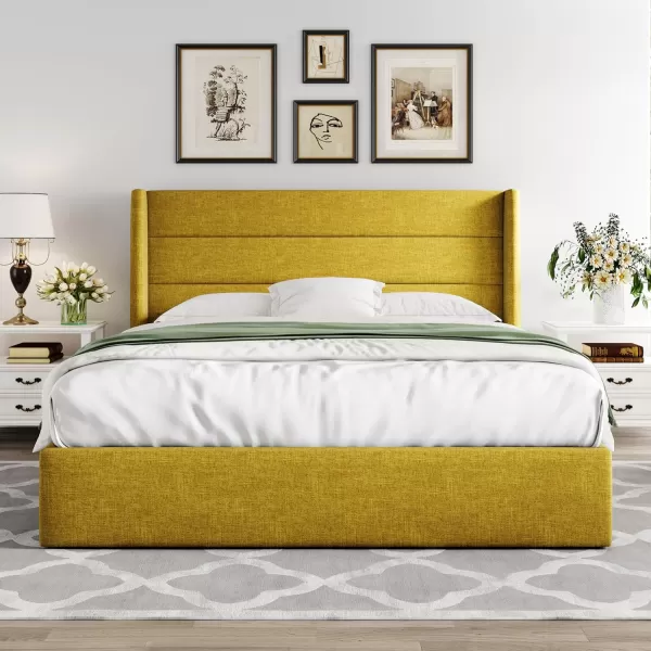 Allewie Queen Size Velvet Lift Up Storage Bed Modern Wingback Headboard Hydraulic Storage No Box Spring Needed BlackOlive Yellow