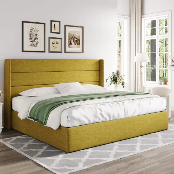 Allewie Queen Size Velvet Lift Up Storage Bed Modern Wingback Headboard Hydraulic Storage No Box Spring Needed BlackOlive Yellow