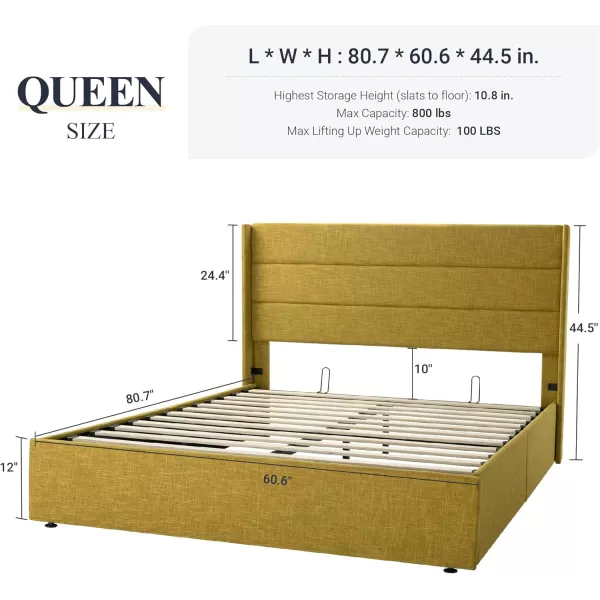 Allewie Queen Size Velvet Lift Up Storage Bed Modern Wingback Headboard Hydraulic Storage No Box Spring Needed BlackOlive Yellow