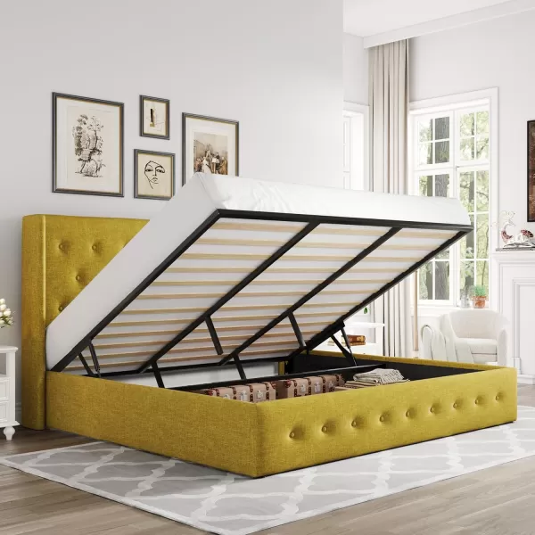 Allewie Queen Size Velvet Lift Up Storage Bed Modern Wingback Headboard Hydraulic Storage No Box Spring Needed BlackOlive Yellow