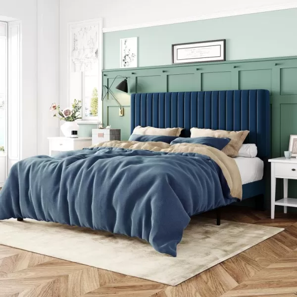 Allewie Queen Bed Frame Velvet Upholstered Platform Bed with Adjustable Vertical Channel Tufted Headboard Mattress Foundation with Strong Wooden Slats Box Spring Optional Easy Assembly GreyNavy Blue