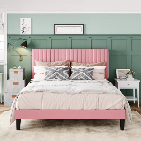 Allewie Queen Bed Frame Velvet Upholstered Platform Bed with Adjustable Vertical Channel Tufted Headboard Mattress Foundation with Strong Wooden Slats Box Spring Optional Easy Assembly GreyPink