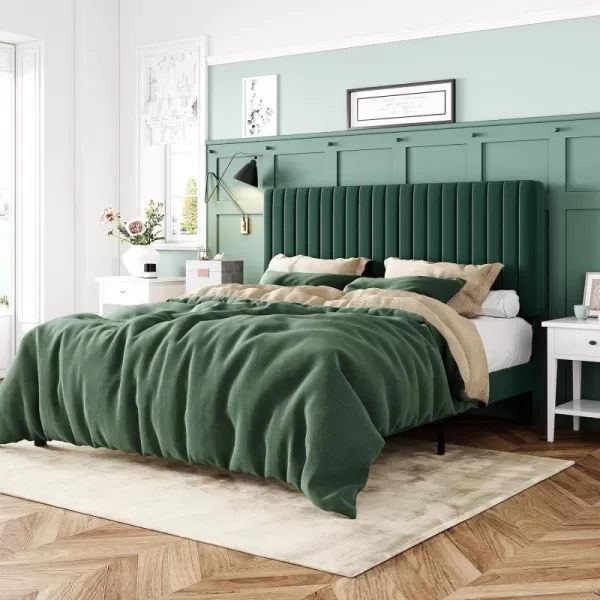 Allewie Queen Bed Frame Velvet Upholstered Platform Bed with Adjustable Vertical Channel Tufted Headboard Mattress Foundation with Strong Wooden Slats Box Spring Optional Easy Assembly GreyGreen