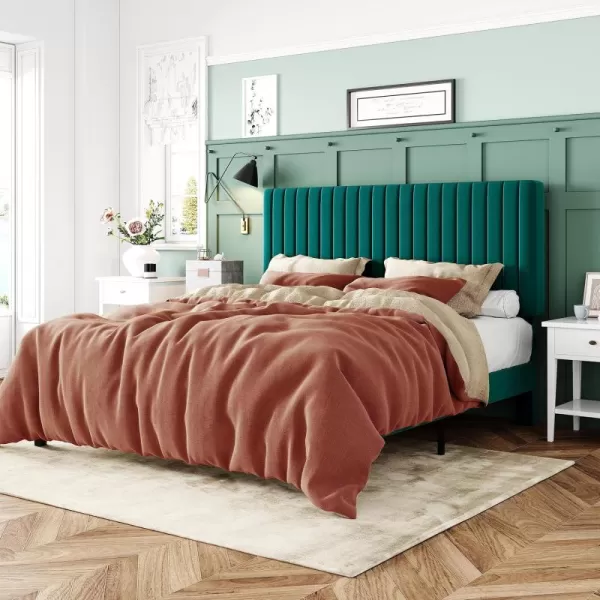 Allewie Queen Bed Frame Velvet Upholstered Platform Bed with Adjustable Vertical Channel Tufted Headboard Mattress Foundation with Strong Wooden Slats Box Spring Optional Easy Assembly GreyTeal