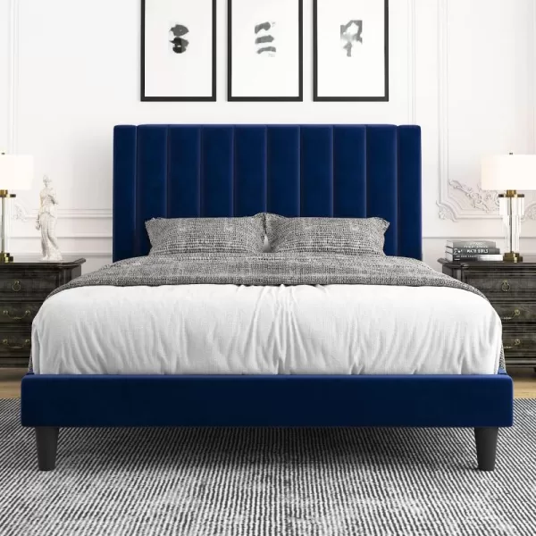 Allewie Queen Bed FrameVelvet Upholstered Bed Frame with Vertical Channel Tufted HeadboardStrong Wooden SlatsPlatform Bed FrameMattress FoundationBox Spring OptionalEasy AssemblyWhiteBlue