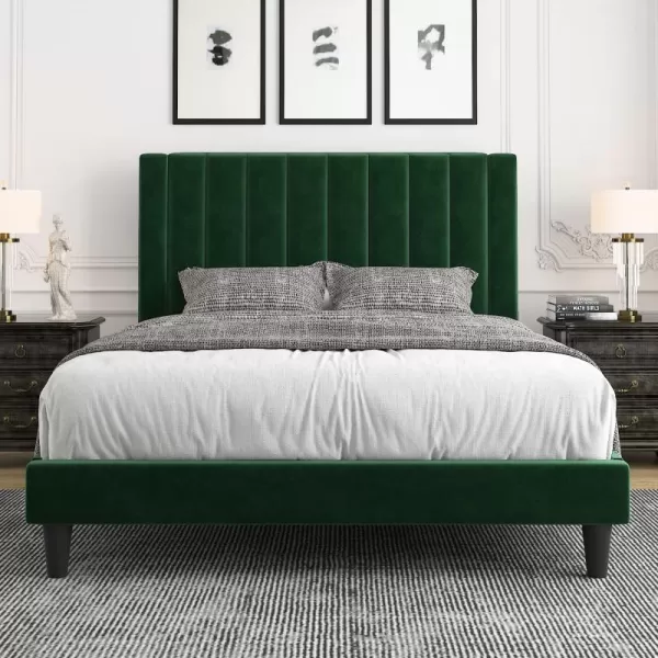 Allewie Queen Bed FrameVelvet Upholstered Bed Frame with Vertical Channel Tufted HeadboardStrong Wooden SlatsPlatform Bed FrameMattress FoundationBox Spring OptionalEasy AssemblyWhiteGreen