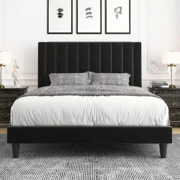 Allewie Queen Bed FrameVelvet Upholstered Bed Frame with Vertical Channel Tufted HeadboardStrong Wooden SlatsPlatform Bed FrameMattress FoundationBox Spring OptionalEasy AssemblyWhiteBlack