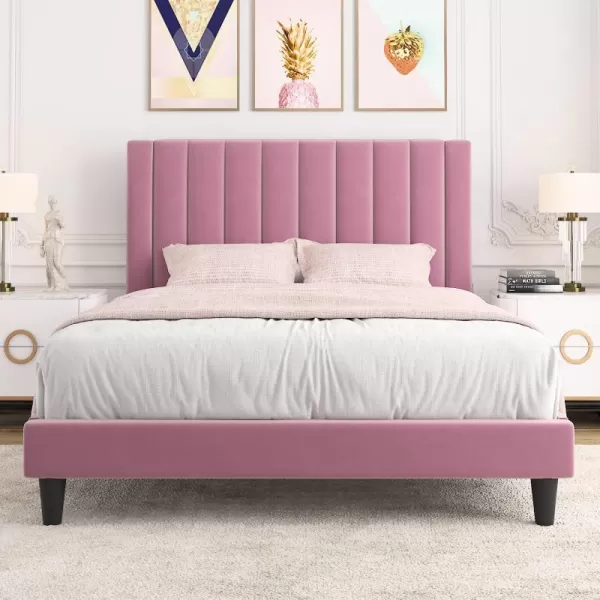 Allewie Queen Bed FrameVelvet Upholstered Bed Frame with Vertical Channel Tufted HeadboardStrong Wooden SlatsPlatform Bed FrameMattress FoundationBox Spring OptionalEasy AssemblyWhitePink