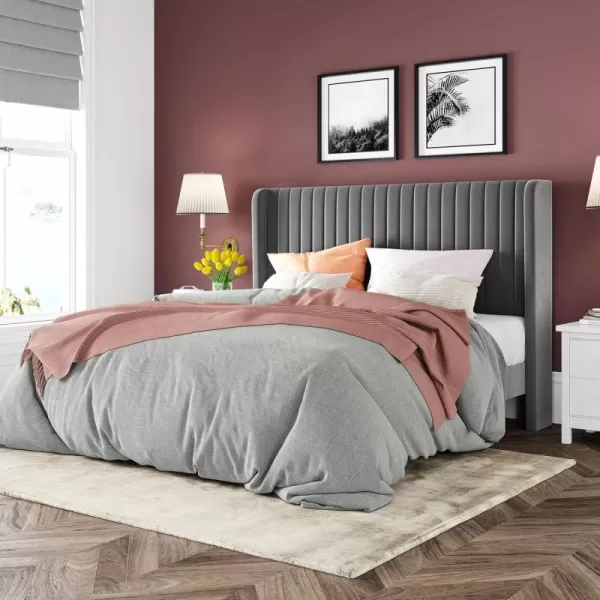 Allewie Queen Size Velvet Bed FrameVertical Channel Tufted Wingback HeadboardUpholstered Platform BedStrong Wooden SlatsNo Box Spring NeededEasy AssemblyGreyGrey