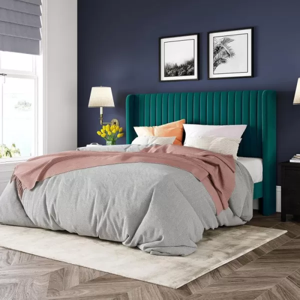 Allewie Queen Size Velvet Bed FrameVertical Channel Tufted Wingback HeadboardUpholstered Platform BedStrong Wooden SlatsNo Box Spring NeededEasy AssemblyGreyTeal