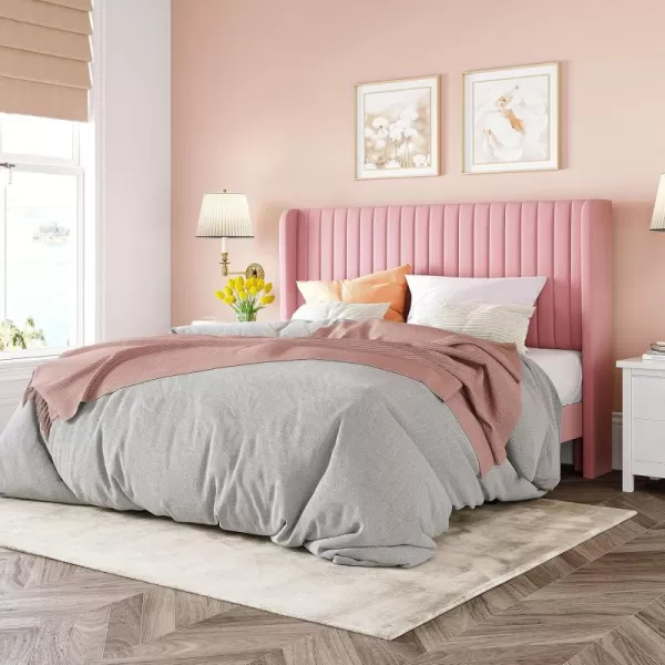 Allewie Queen Size Velvet Bed FrameVertical Channel Tufted Wingback HeadboardUpholstered Platform BedStrong Wooden SlatsNo Box Spring NeededEasy AssemblyGreyPink