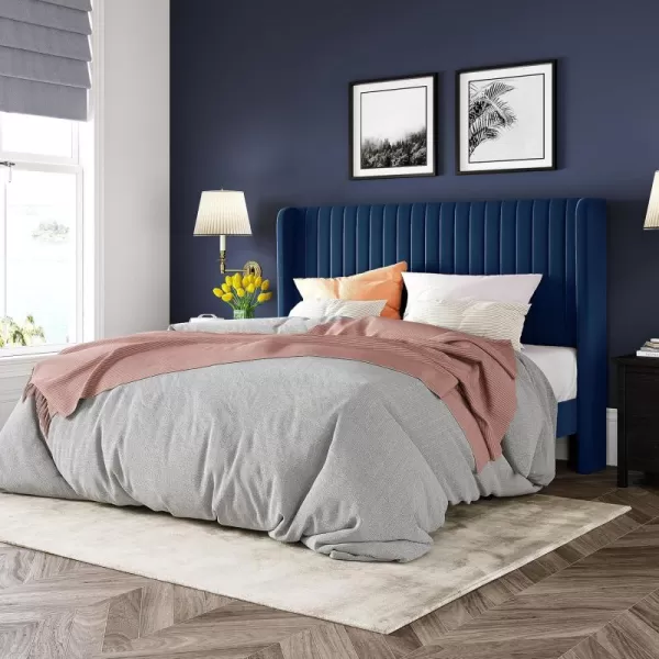 Allewie Queen Size Velvet Bed FrameVertical Channel Tufted Wingback HeadboardUpholstered Platform BedStrong Wooden SlatsNo Box Spring NeededEasy AssemblyGreyBlue