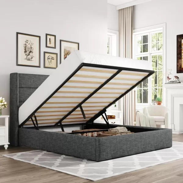 Allewie Queen Size Velvet Lift Up Storage Bed Modern Wingback Headboard Hydraulic Storage No Box Spring Needed BlackDark Grey