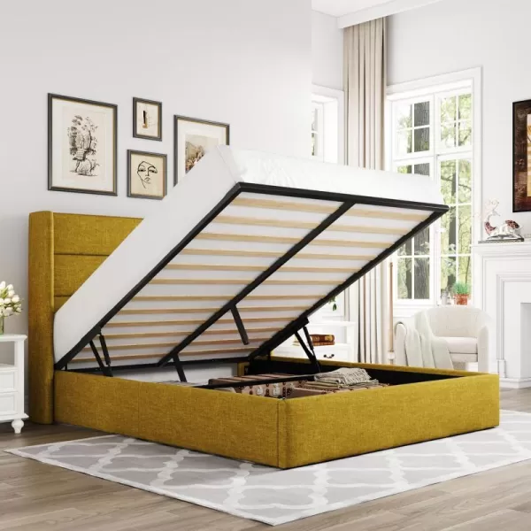 Allewie Queen Size Velvet Lift Up Storage Bed Modern Wingback Headboard Hydraulic Storage No Box Spring Needed BlackOlive Yellow