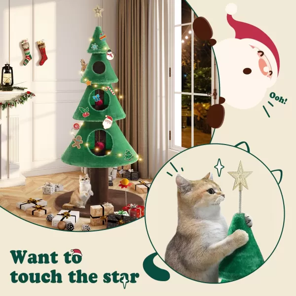 Allewie 63 Inches Cat Tree for Indoor CatCat Tower with 3 Condos 5ft Cat Christmas Tree Party DecorationCat Activity Center Play House and BedsGreen