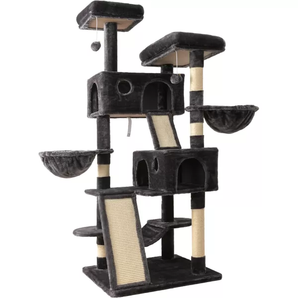 Allewie 65in MultiLevel Tall Cat Tree for Indoor CatsLarger Tower with Wide BaseCozy Plush Cat PerchesCat Condo with HammockSisal Scratching PostsDark GreyDark Grey