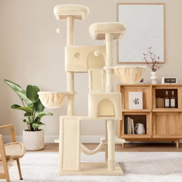 Allewie 65in MultiLevel Tall Cat Tree for Indoor CatsLarger Tower with Wide BaseCozy Plush Cat PerchesCat Condo with HammockSisal Scratching PostsDark GreyBeige