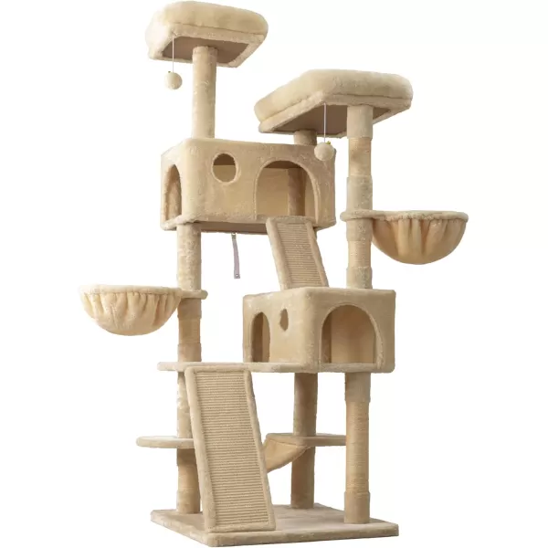 Allewie 65in MultiLevel Tall Cat Tree for Indoor CatsLarger Tower with Wide BaseCozy Plush Cat PerchesCat Condo with HammockSisal Scratching PostsDark GreyBeige